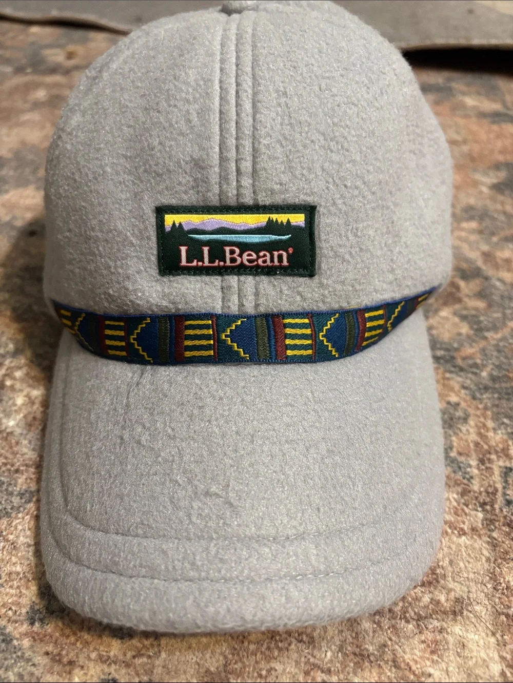 L.L. Bean Light Gray Fleece Cap with Multicolor Patterned Trim